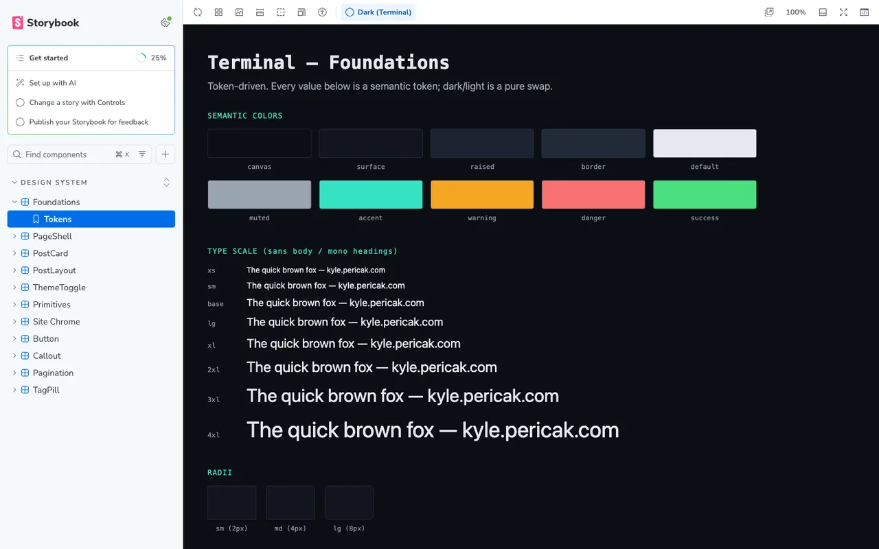 The Storybook design-system view: the component tree in the sidebar, and the Terminal token palette and type scale rendered on the dark canvas.